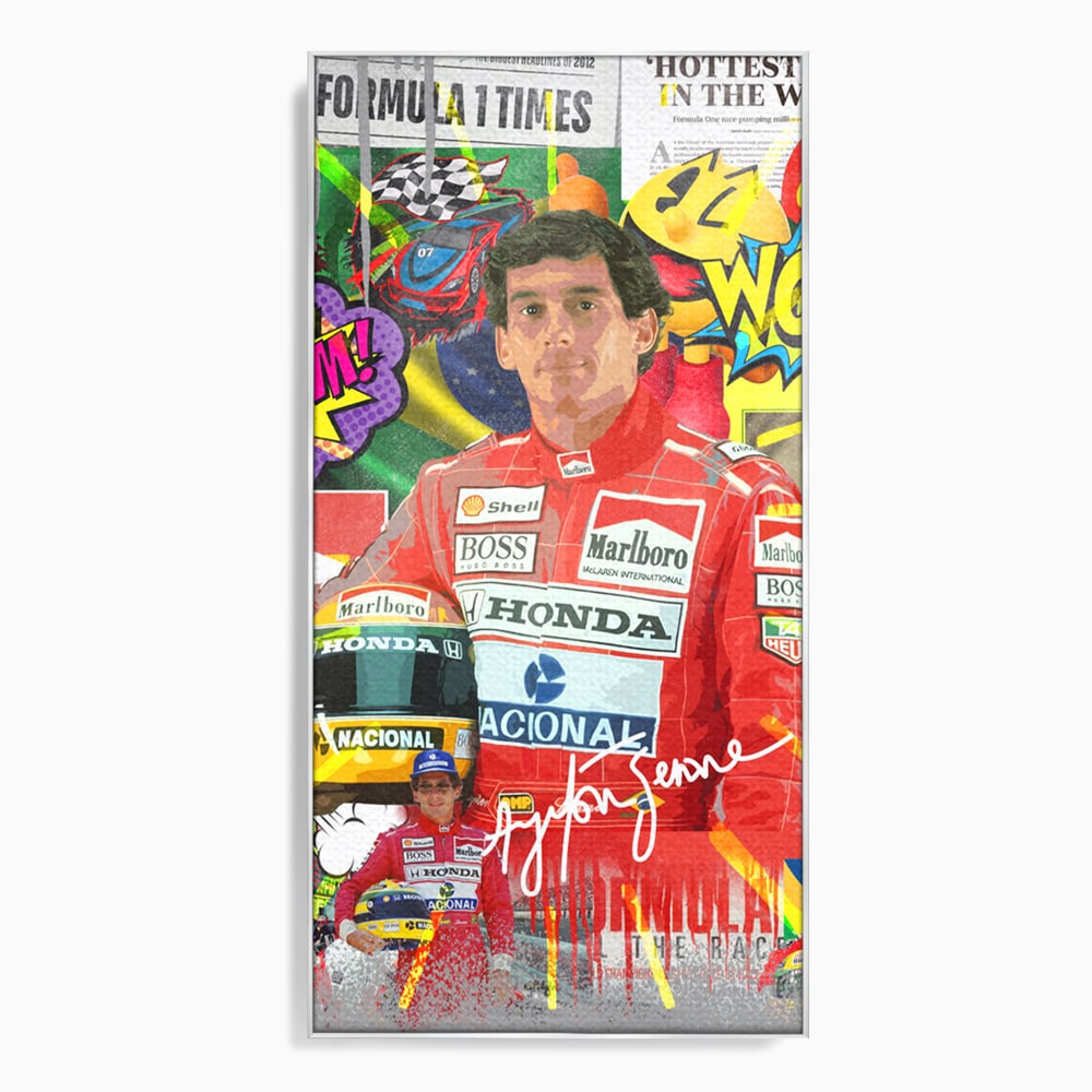 Tablou canvas cu tablou canvas cu pilotul ayrton senna, in rama de aluminiu argintiu